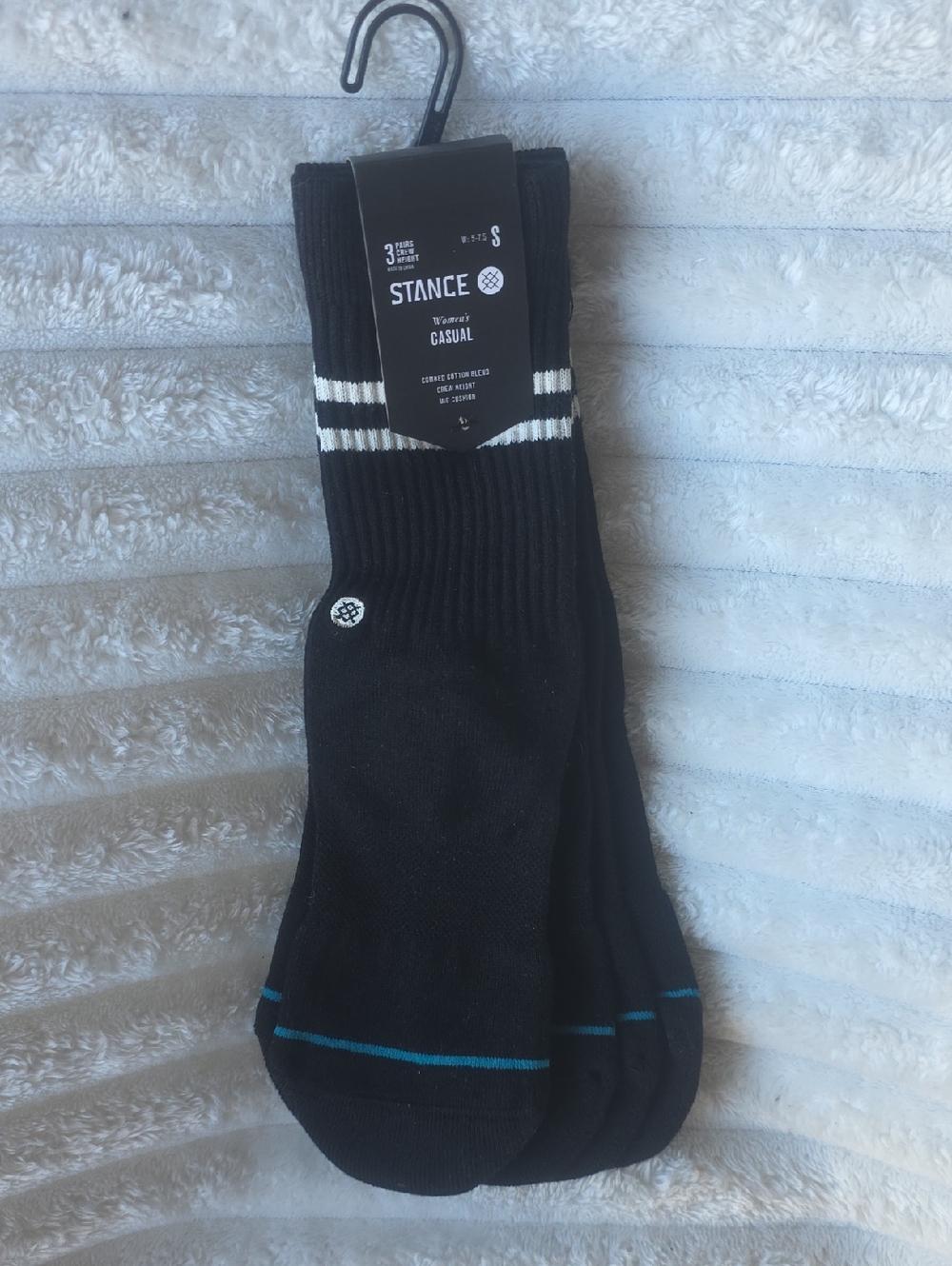 Stance Black Crew Socks with White Stripes and Teal Toe Accents